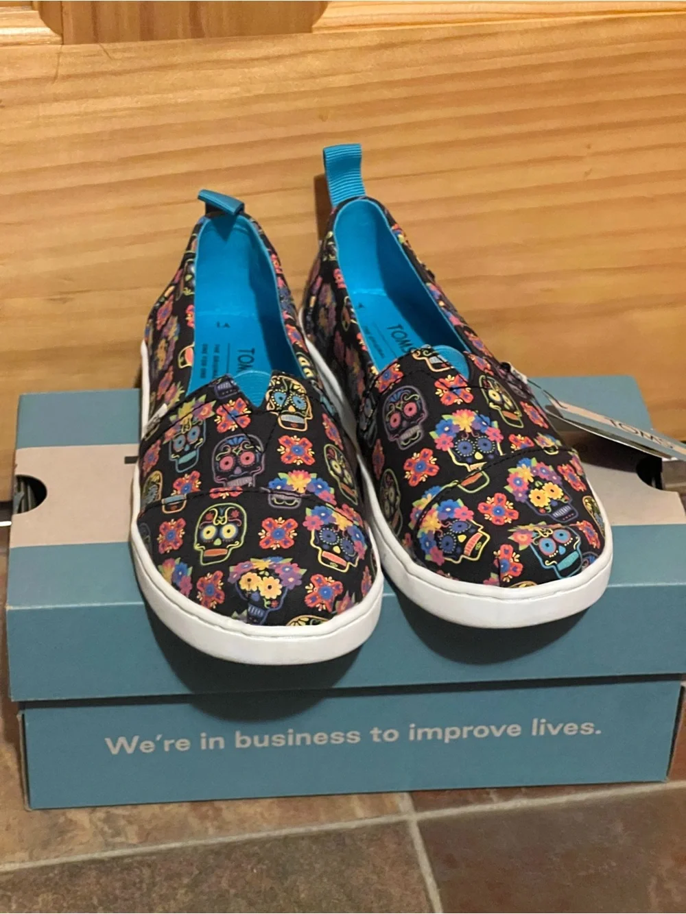Toms Kids Slip-On Sugar Skull Sneakers in Black with Multicolor Accents